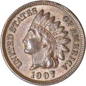 1907 Indian Head Cent, Variety 3, Bronze AU55 Main Image