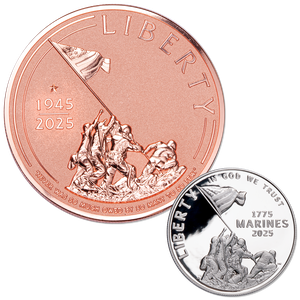 2025-P Marines 250th Anniversary Dollar & 2025 Liberia 5 oz. End of WWII Copper $1 Main Image