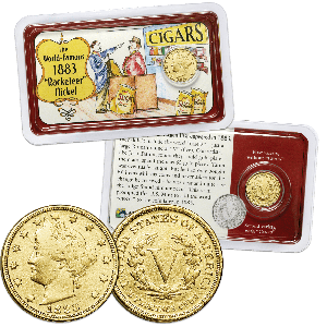 1883 "No Cents" Gold-Plated Liberty Head Nickel in Showpak Main Image