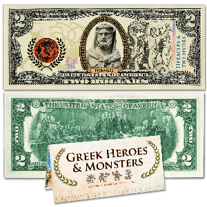 Colorized $2 Federal Reserve Note Greek Heroes & Monsters - Heracles & Hydra Main Image