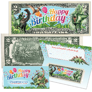 Colorized Happy Birthday $2 Note - Dinosaurs Main Image