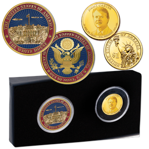 Jimmy Carter Golden Presidential Dollar and White House Challenge Coin Set Main Image