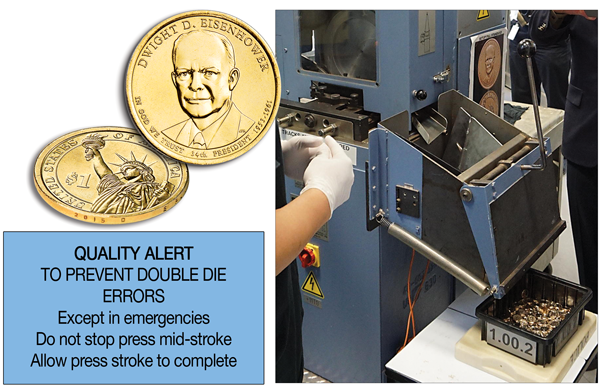 2015-D Eisenhower Presidential dollar and a coin press striking the 2015-D Presidential dollars