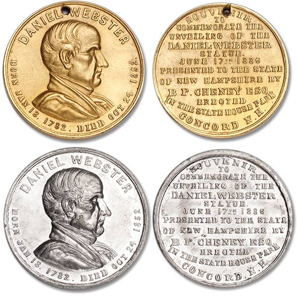 [photo: "White metal" and gold-plated versions of the Daniel Webster Medal from my collection]