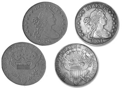 Engraved coin images from the book (left) and an actual 1804 dollar (images courtesy of Stack's Bowers), (right)