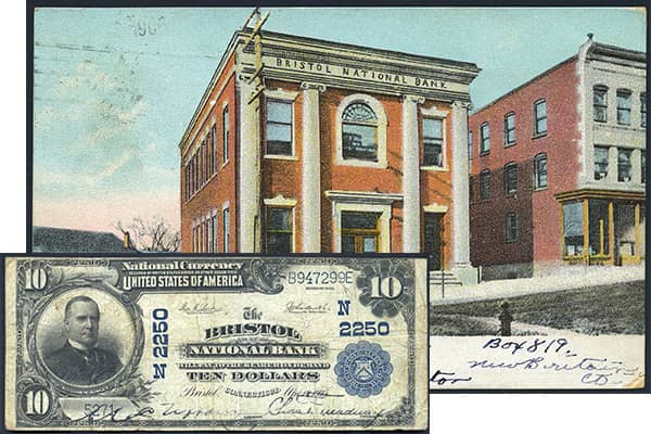 [photo: Postcard featuring Bristol National Bank in Bristol, CT and large-size $10 National Bank Note, Series of 1902 Plain Back issued by the bank.]