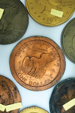 [photo: U.S. Mint archive drawer of galvanos and models]