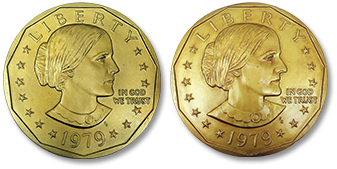 [photo: Galvano of "younger" 1979 Susan B. Anthony dollar (left) with the Galvano of "older" 1979 Susan B. Anthony dollar (right)]