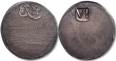 [photo: Obverse and reverse of my New England Sixpence COPY]