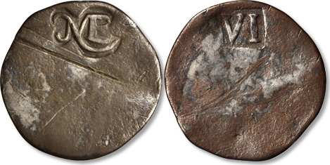 [photo: Obverse and reverse of my New England Sixpence COPY]