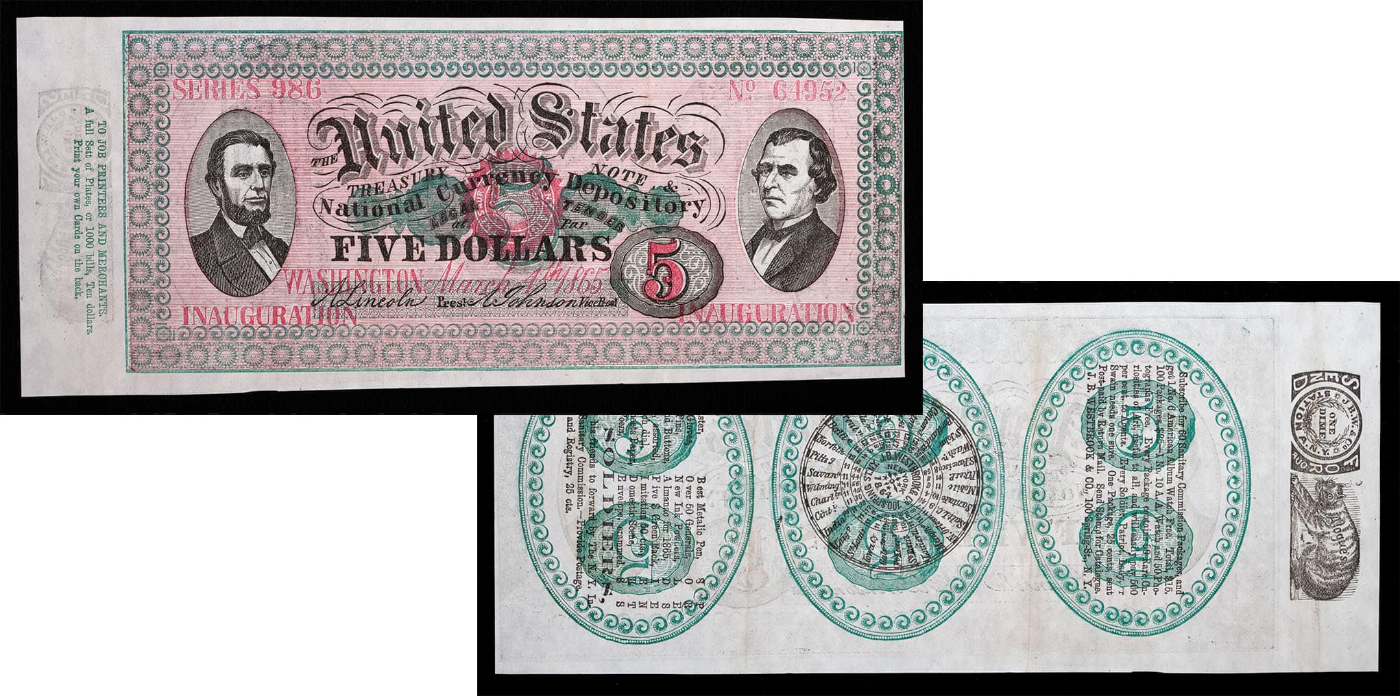 $5.00 facsimile bank note featuring Lincoln & Johnson