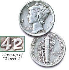 [photo: 1942/41 Mercury Dime with close-up of 2 over 1]