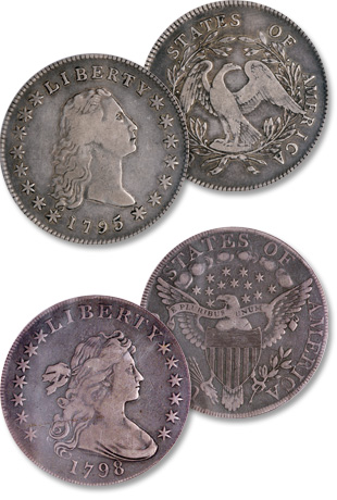 Flowing Hair and Draped Bust dollars were the first silver dollars struck by the U.S. Mint during the nation's early years