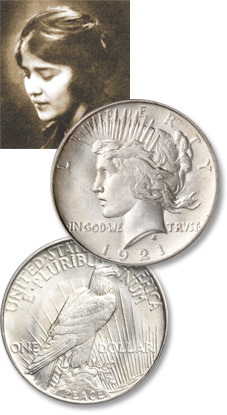 The portrait of Liberty on the Peace dollar's obverse was modeled after designer Anthony de Francisci's wife, Teresa.