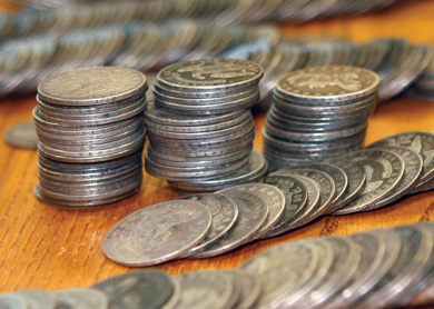 Stacks of early 19th-century Capped Bust halves from the hoard