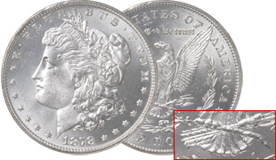 1878 Morgan Dollar, 7 Over 8 Tail Feathers Reverse