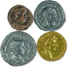 Gold aureus of Nero; silver antoninianus of Valerian I; bronze coin of Constantine the Great