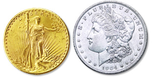 America's most popular silver and gold coins, the Morgan Silver Dollar of 1878-1921 and the Saint‑Gaudens $20 Gold Double Eagle of 1907-1933