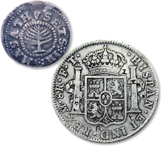 Pine Tree Silver Shilling of 1652; Spanish Silver 8 Reales