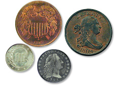 [photo: From top right: the U.S. Half Cent, Two-Cent Piece, Silver Three-Cent Piece and Half Dime]