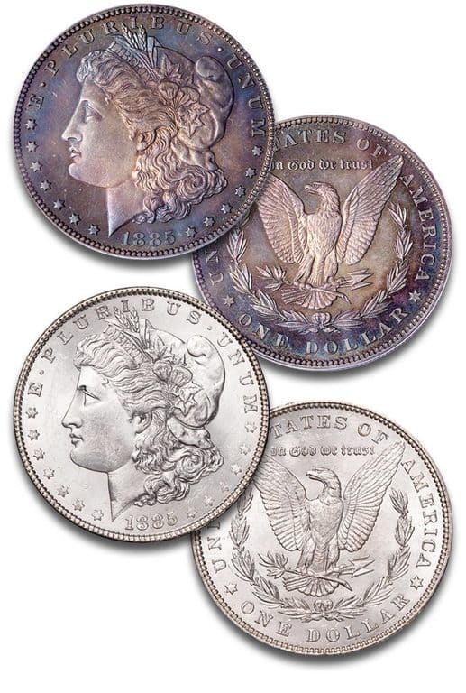 Over time, a coin’s natural silver color can shift to a range of beautiful colors – like the blue and purple hues shown above.